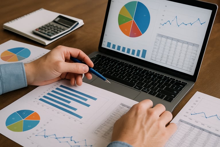 datatables and graphs showing on a laptop screen
