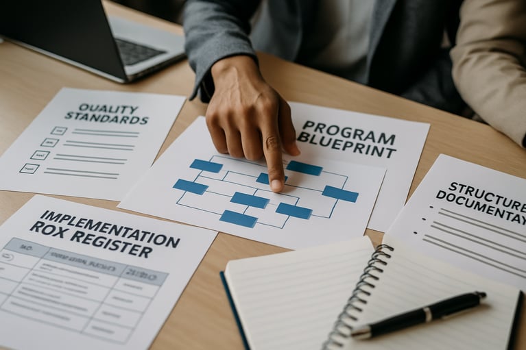 program blueprint and implementation register paperwork with someone pointing to the blueprint