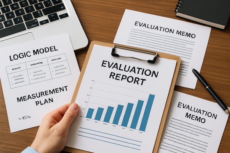 image of evaluation reports and memos on a desk